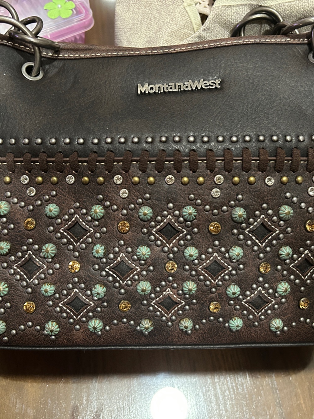 Montana West Dark Brown Shoulder Bag with Turquoise and Gold Accents